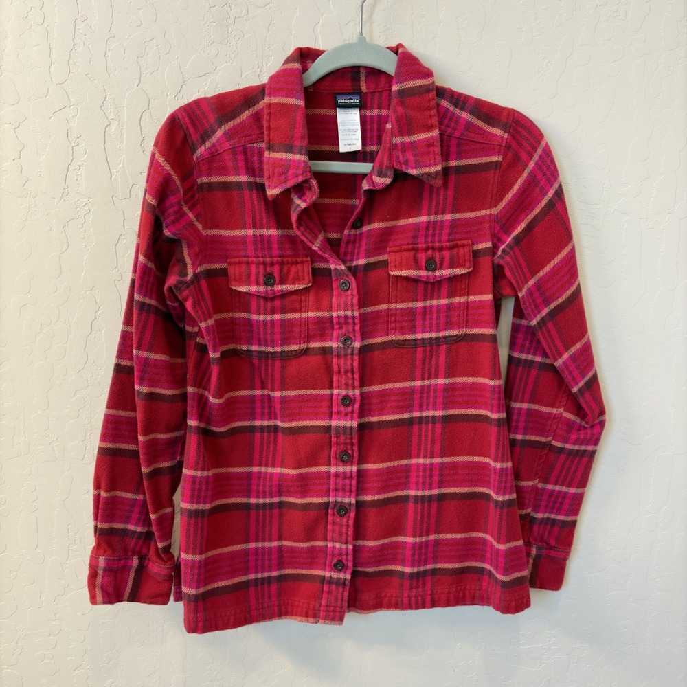 Patagonia Womens Organic Cotton Red Pink Plaid Flannel Shirt Size‎ 6